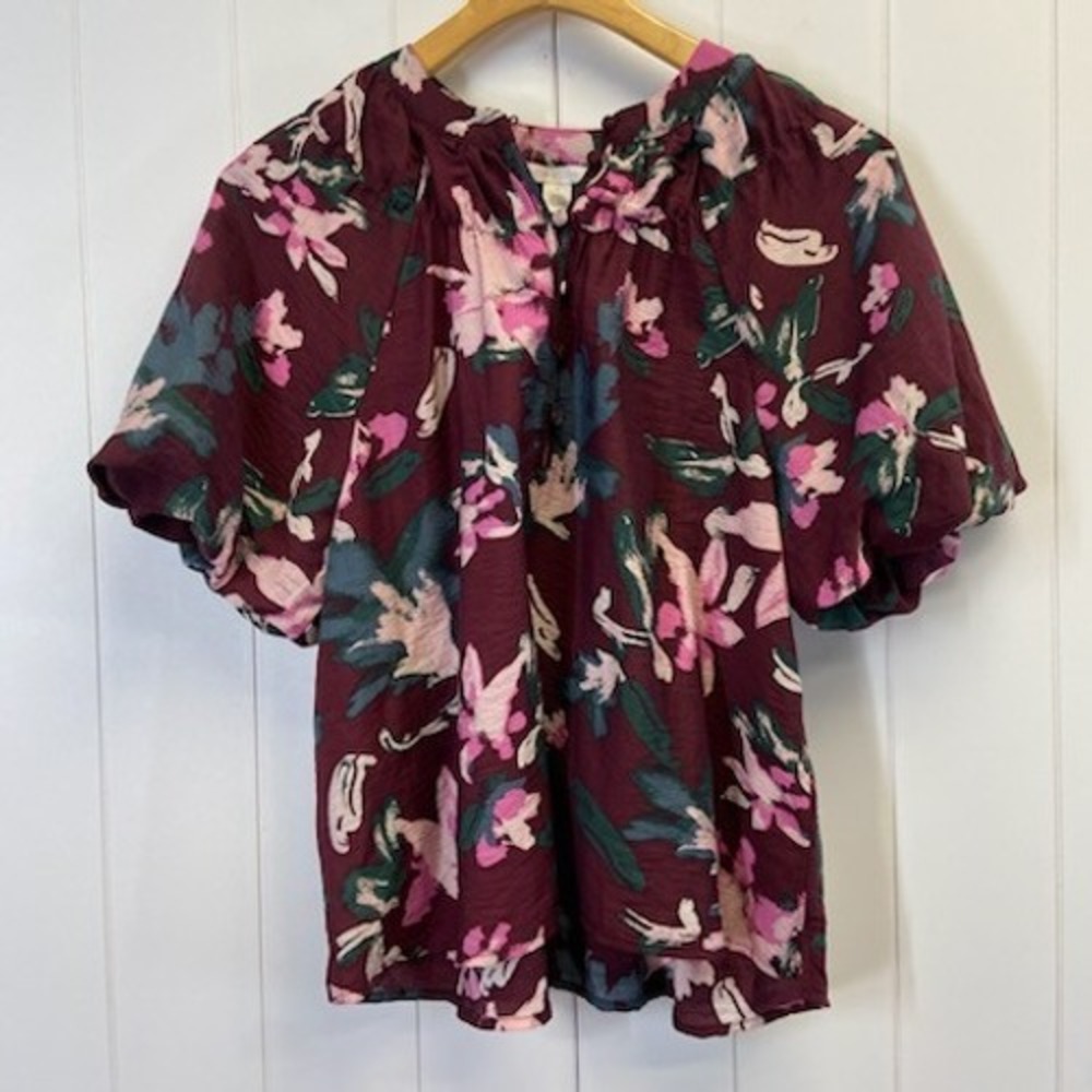 Caslon Boho Floral Puff Sleeve Peasant Top Women Size M Cottage Romantic Summer